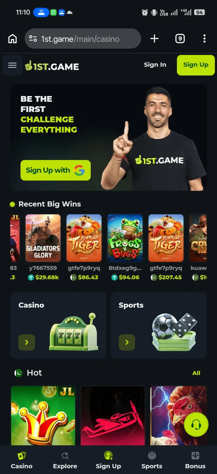 1st.game logged-out home screen with the sign-up hero, a recent wins feed, and Casino and Sports shortcuts