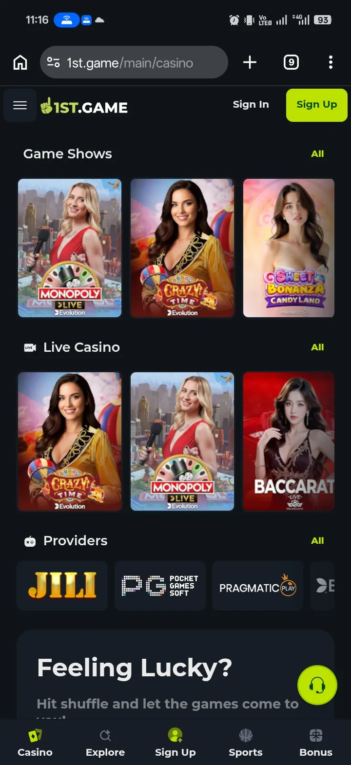 1st.game game shows and live casino rows with the game provider strip showing JILI, PG Soft, Pragmatic Play and Evolution