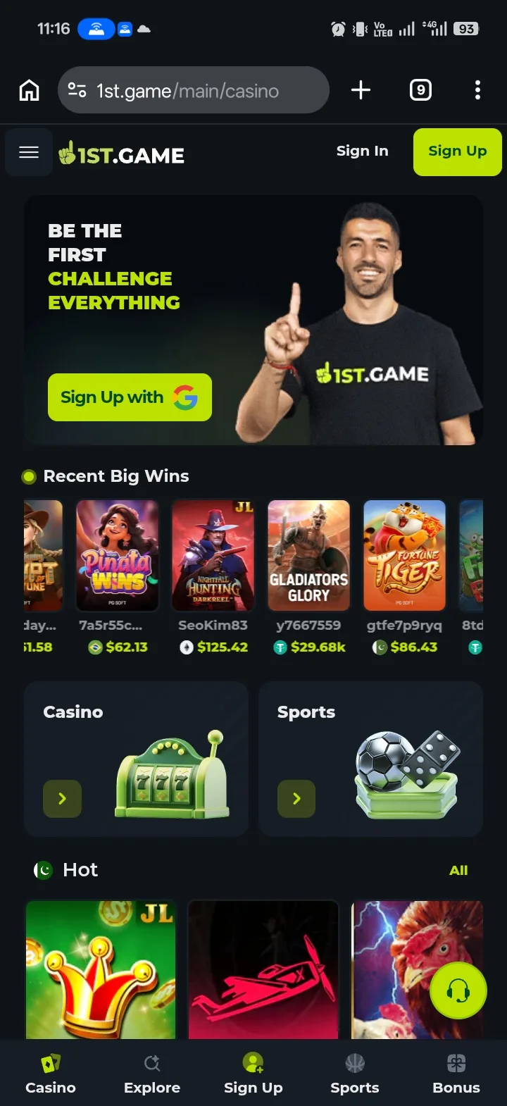 1st.game recent-wins feed showing payout amounts in USDT and TON