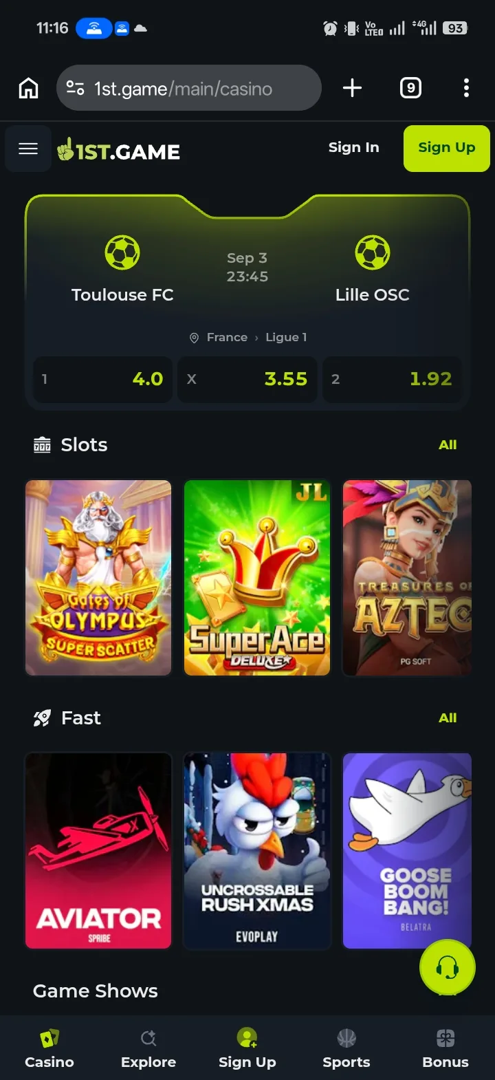 1st.game sportsbook widget with football odds above the Slots and Fast game rows