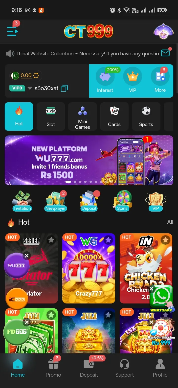 CT999 lobby home screen showing the VIP0 balance strip, 200% Interest and VIP shortcuts, the Hot, Slot, Mini Games, Cards and Sports tabs, and a WU777 cross-promotion banner