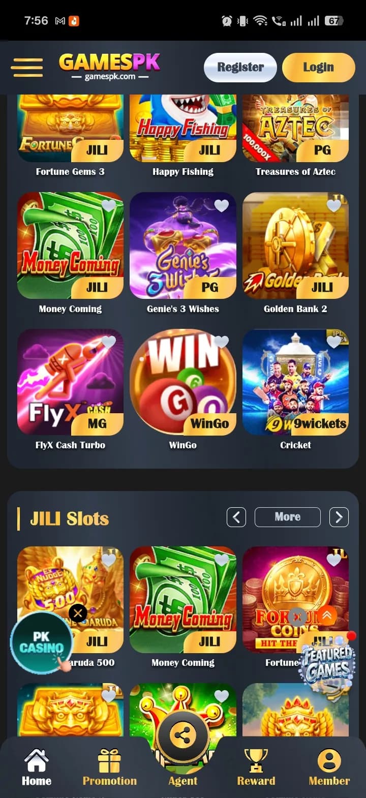 GamesPK home screen showing the Register and Login buttons and a Hot Games grid with Happy Fishing, Money Coming, WinGo and a 9wickets Cricket tile