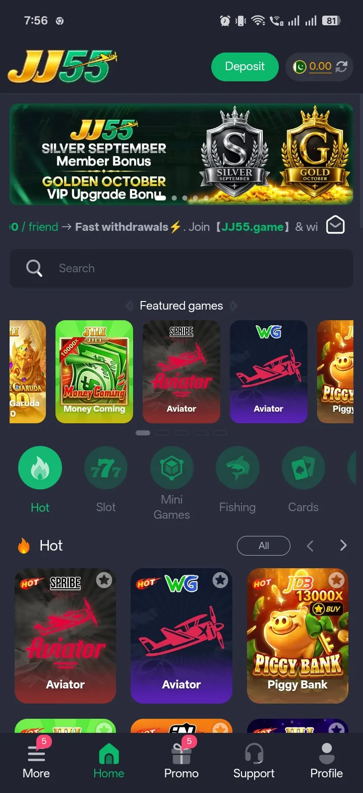 JJ55.game home screen showing the Deposit button, PKR wallet, a Silver September / Golden October VIP banner, a search bar, a Featured games row and the Hot, Slot, Mini Games, Fishing and Cards category circles