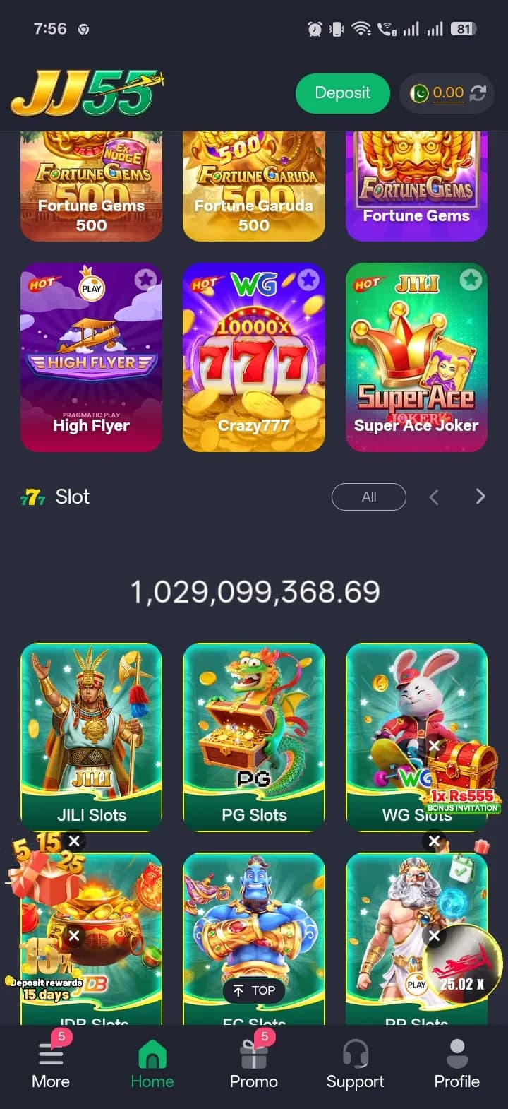 JJ55 Game slot section showing Fortune Gems 500, Fortune Garuda 500, High Flyer, Crazy777 and Super Ace Joker above a jackpot ticker and the JILI, PG, WG, JDB, FC and PP slot rooms