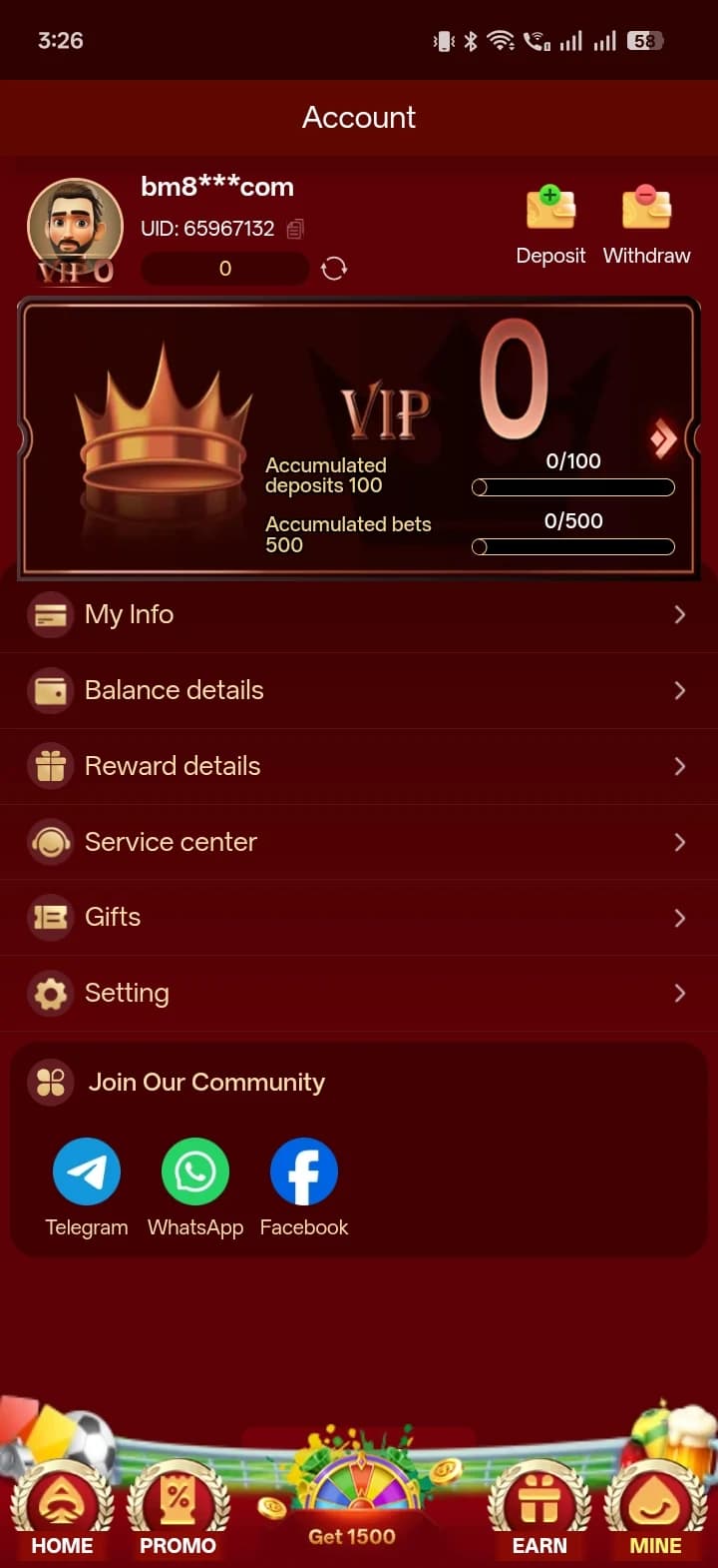 N999 Game account page showing UID, VIP 0 level with accumulated deposit and bet progress bars, and Telegram/WhatsApp/Facebook community links