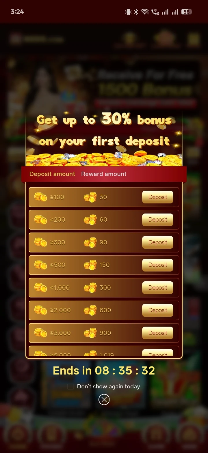 N999 Game first-deposit bonus table offering up to 30% extra, with tiers from Rs 100 to Rs 5,000+ and a countdown timer