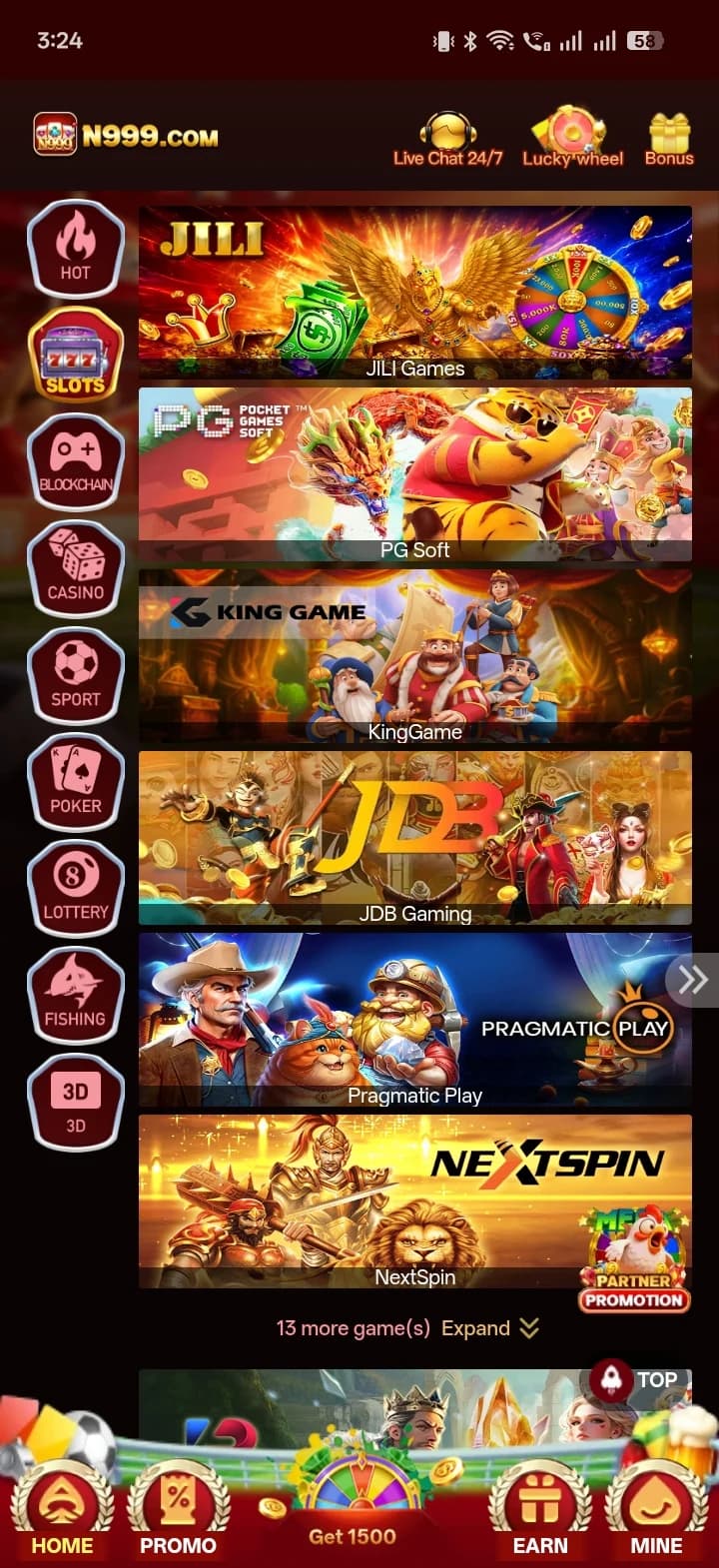 N999 Game lobby with category sidebar (Hot, Slots, Blockchain, Casino, Sport, Poker, Lottery, Fishing, 3D) and provider banners for JILI, PG Soft, KingGame, JDB, Pragmatic Play, and NextSpin