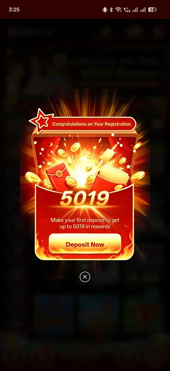 N999 Game registration success popup showing a randomized reward voucher and a Deposit Now button