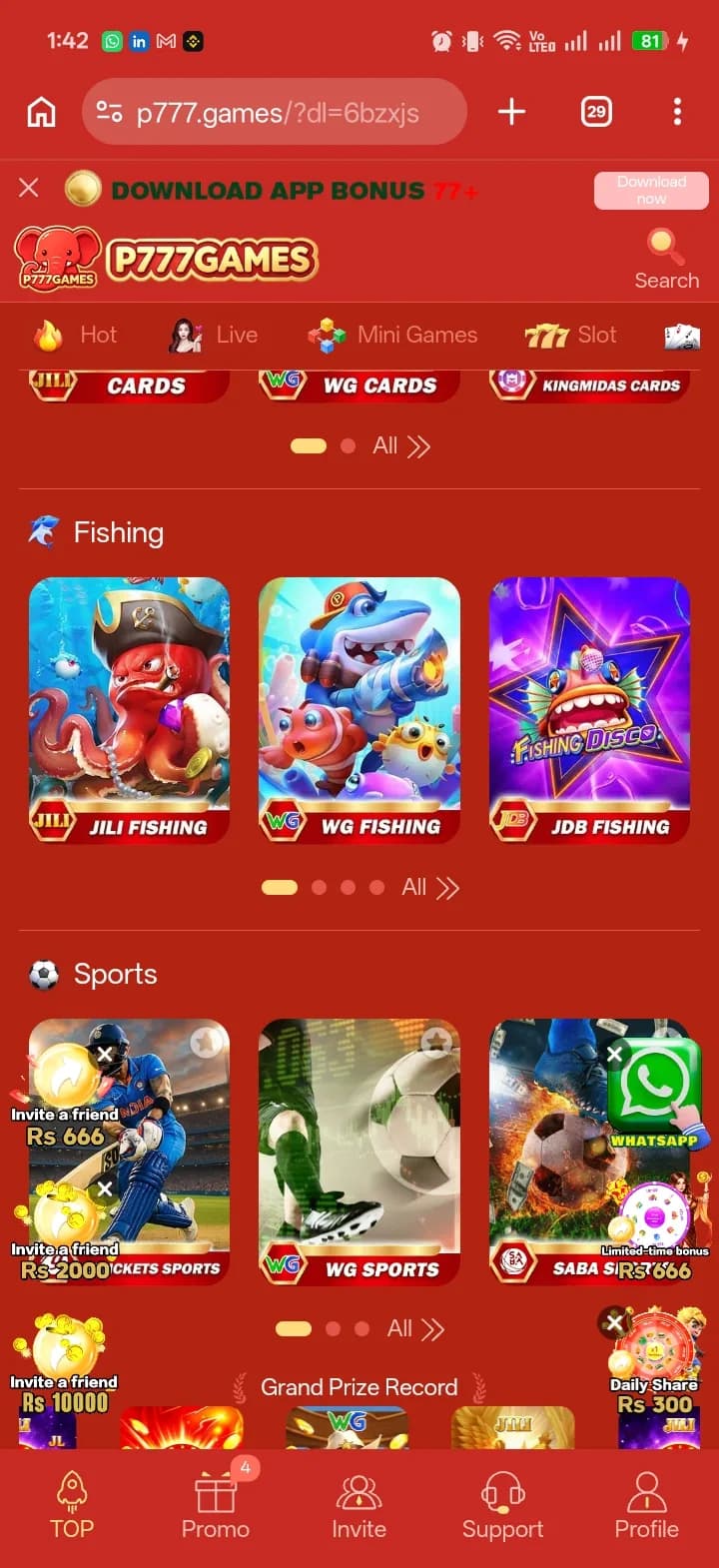 P777 Game Cards, Fishing, and Sports tabs showing JILI Fishing, WG Fishing, JDB Fishing, and cricket and football sports titles
