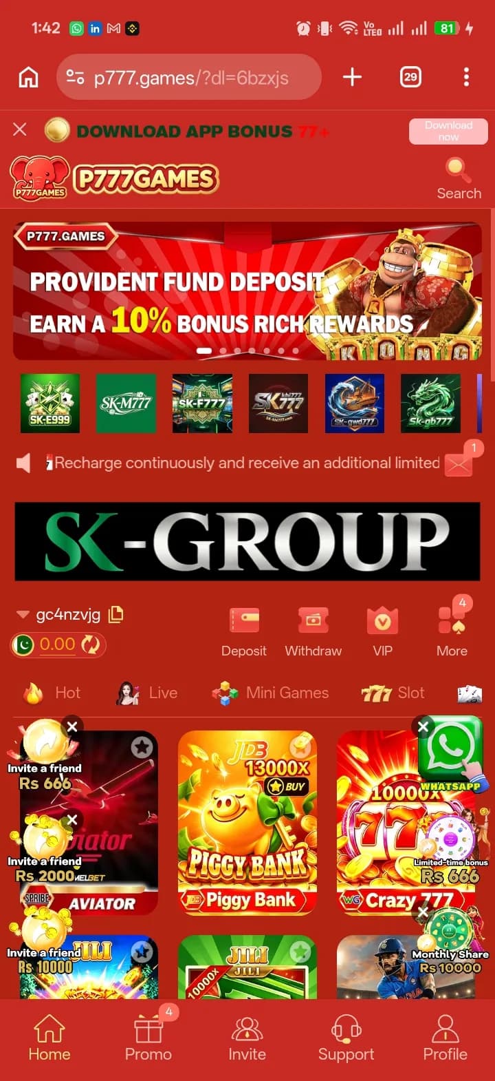 P777 Game home screen showing the Provident Fund Deposit bonus banner, wallet balance, and Hot, Live, Mini Games, and Slot category tabs