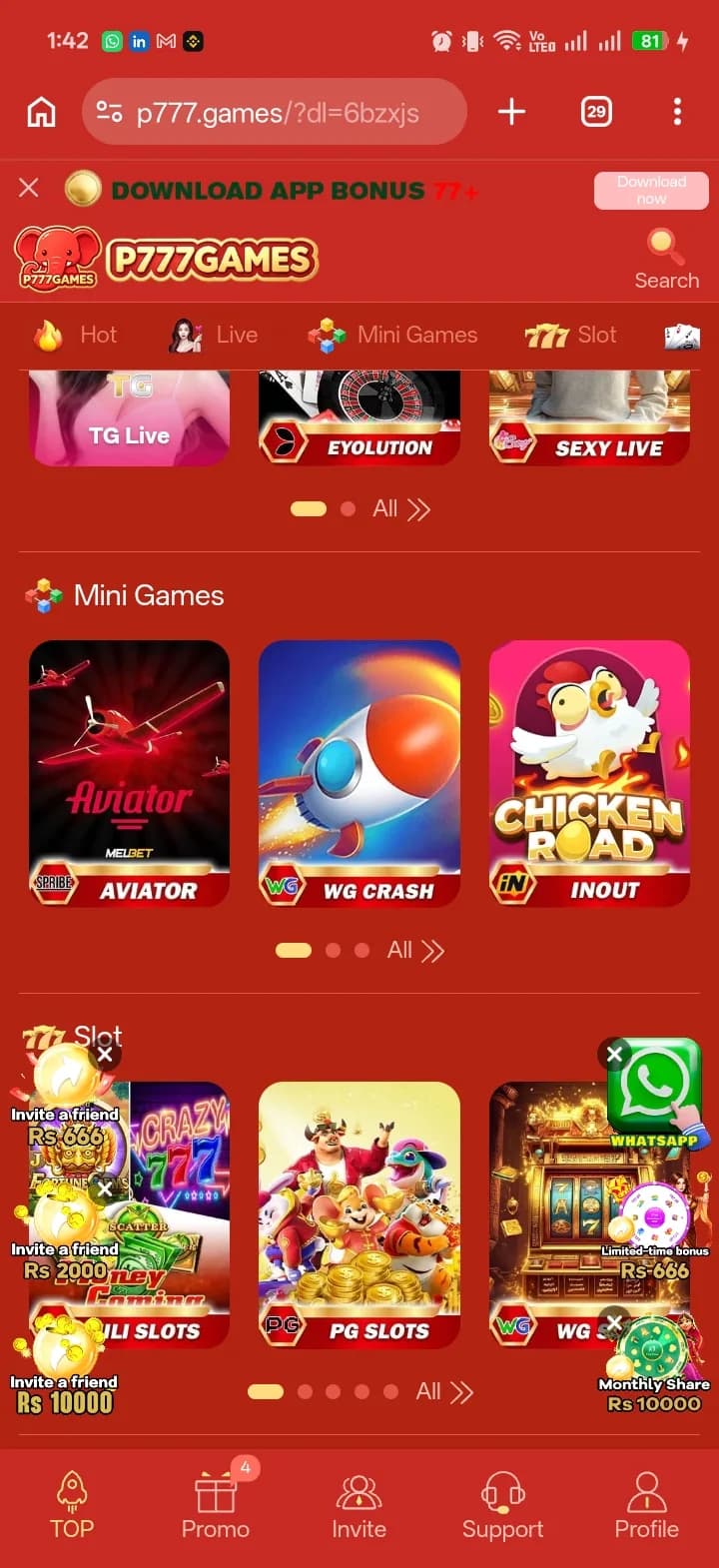 P777 Game Live, Mini Games, and Slot tabs showing Aviator, WG Crash, Chicken Road, and PG Slots titles