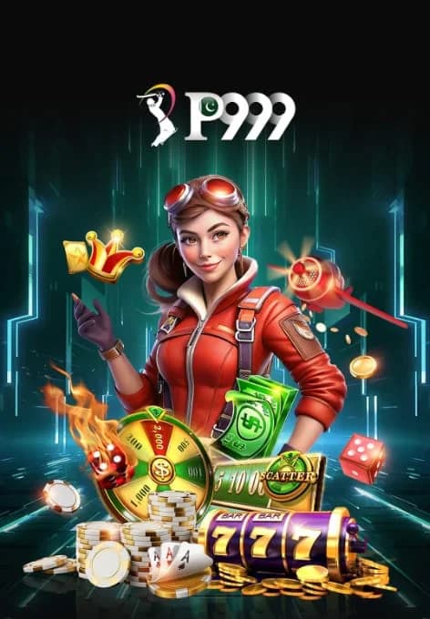 P999 promotional artwork featuring a character with slot reels, cards, and coins