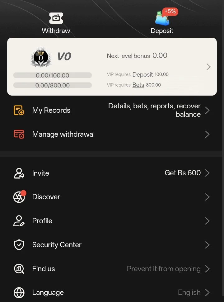 P999 account screen showing VIP 0 level progress requiring Rs 100 deposit and Rs 800 in bets