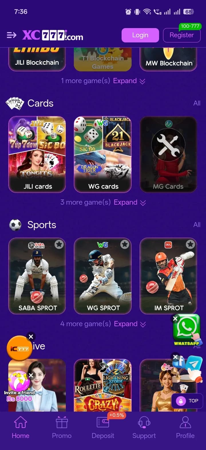 XC777 Game Cards, Sports and Live sections showing JILI and WG card rooms, SABA and WG cricket sportsbooks, and live-dealer Roulette