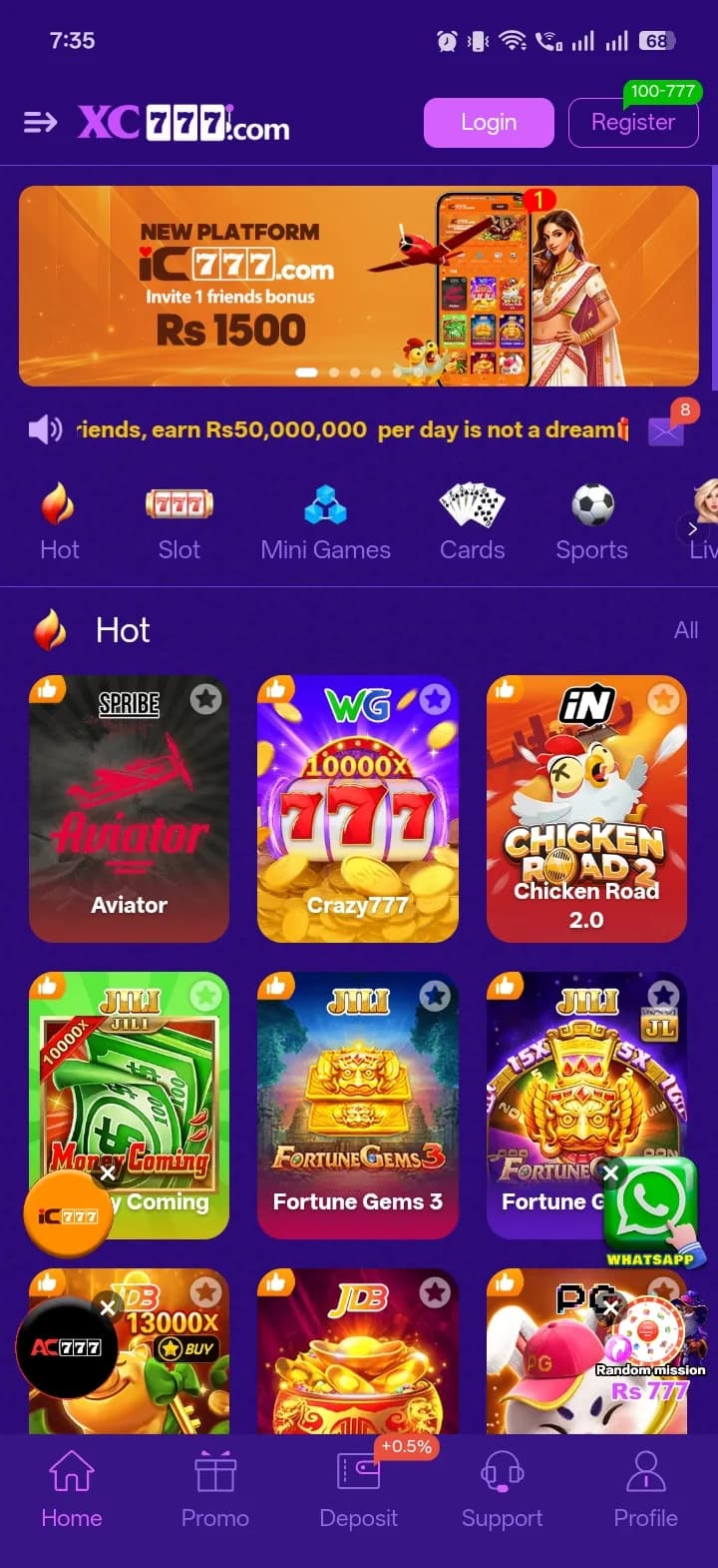 XC777.COM home screen showing the promo banner, the Hot, Slot, Mini Games, Cards, Sports and Live category row, and the Login and Register buttons
