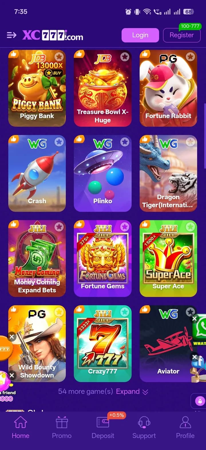 XC777 Game Hot category showing tiles for Aviator, Crazy777, Dragon Tiger, Fortune Gems, Super Ace and Piggy Bank with a 54 more games link