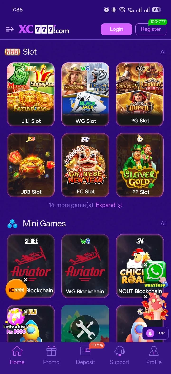 XC777 Game Slot section with JILI, WG, PG, JDB, FC and PP rooms above the Mini Games Blockchain section