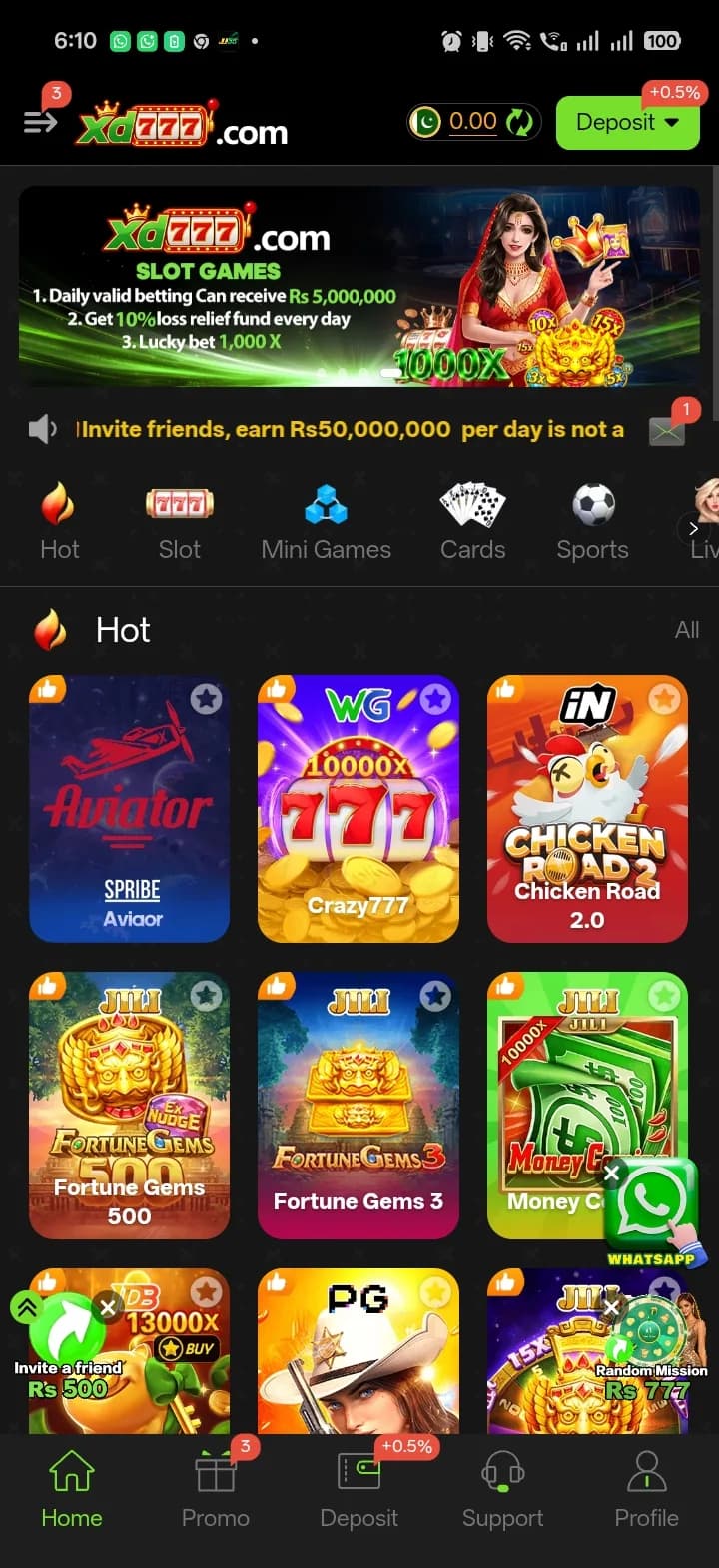 XD777 home screen showing the PKR balance, Deposit button, promo banner and the Hot, Slot, Mini Games, Cards, Sports and Live category row