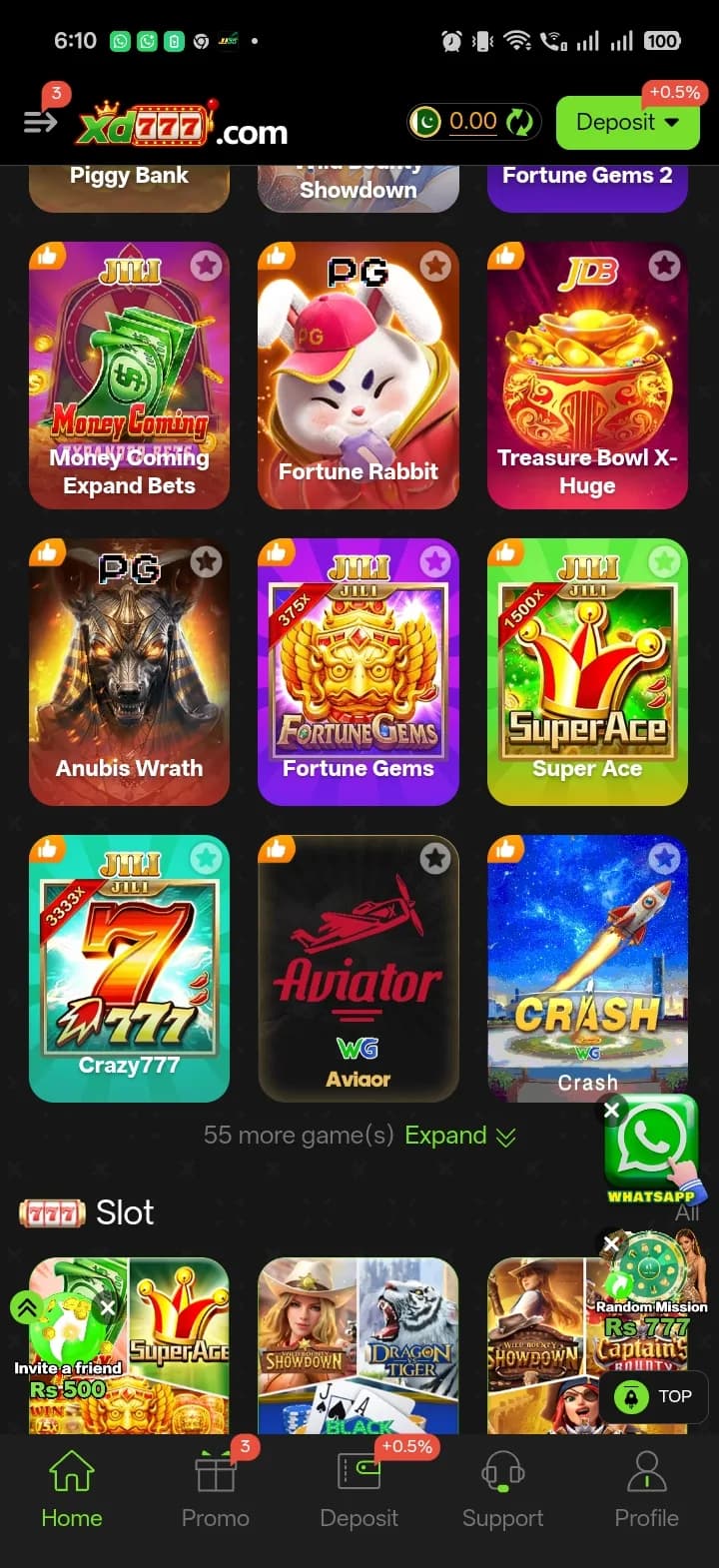 XD777 Hot section showing Fortune Rabbit, Treasure Bowl X-Huge, Anubis Wrath, Fortune Gems, Super Ace, Crazy777, Aviator and Crash tiles with a 55 more games link