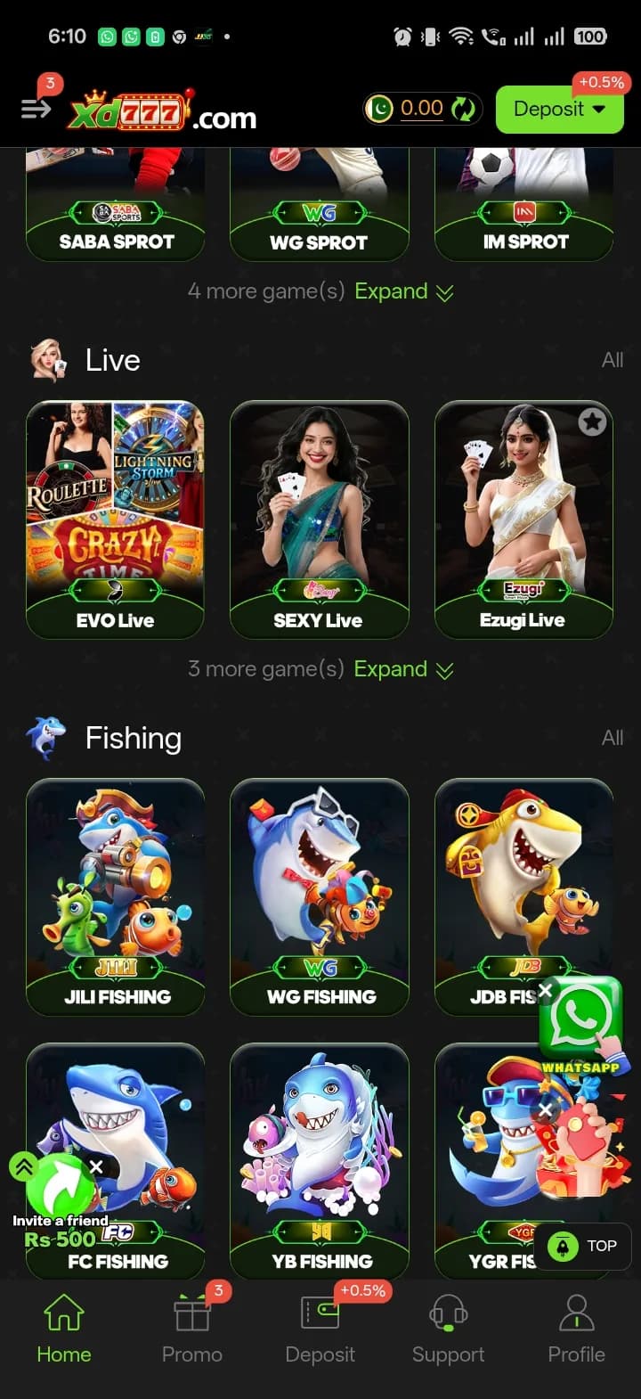 XD777 Sports, Live and Fishing sections showing SABA, WG and IM sportsbooks, EVO, Sexy and Ezugi live-dealer tables, and JILI, WG, JDB, FC, YB and YGR fishing games