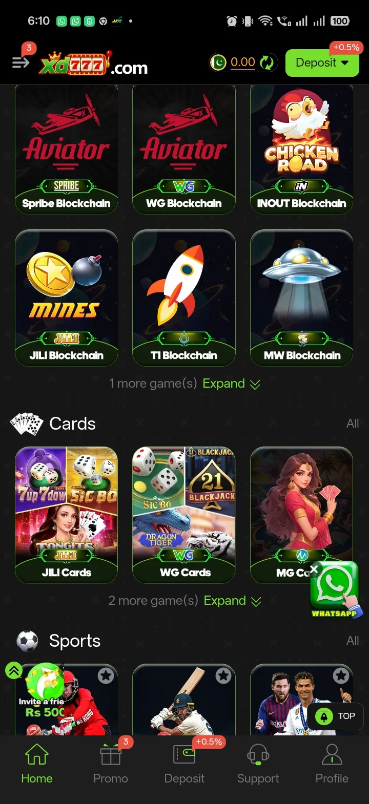 XD777 Mini Games Blockchain section with Aviator, Chicken Road, Mines and crash-style games, above the Cards section showing JILI, WG and MG card rooms