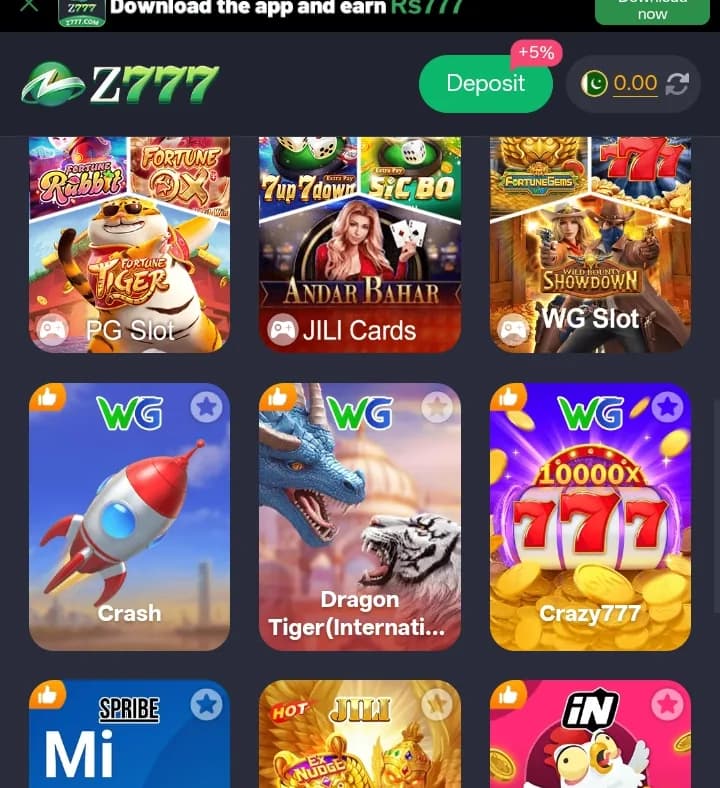 Z777 Game slot titles including PG Slot, Crash, and Crazy777
