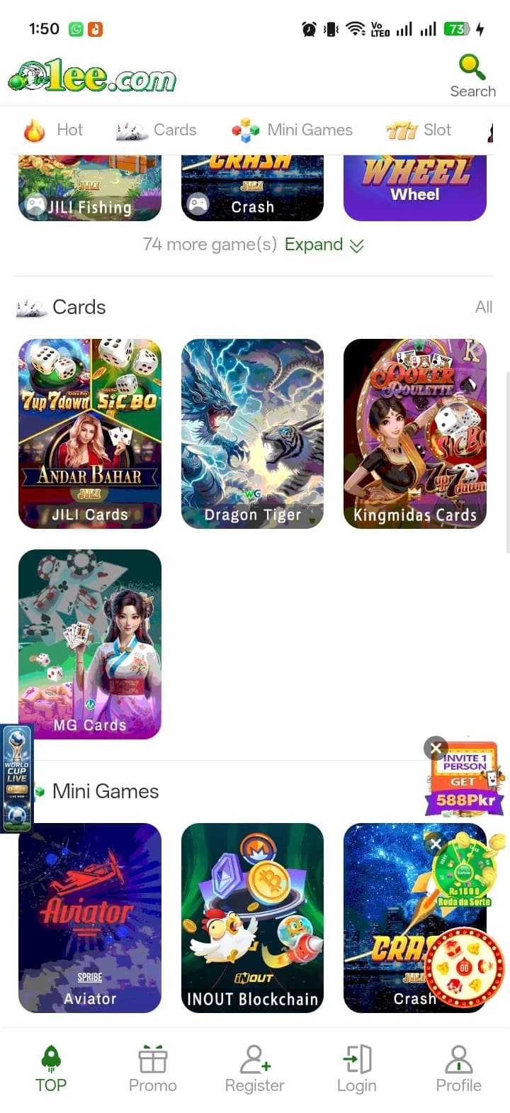 1ee Cards and Mini Games tabs showing JILI Cards, Dragon Tiger, Kingmidas Cards, MG Cards, Aviator, INOUT Blockchain, and Crash