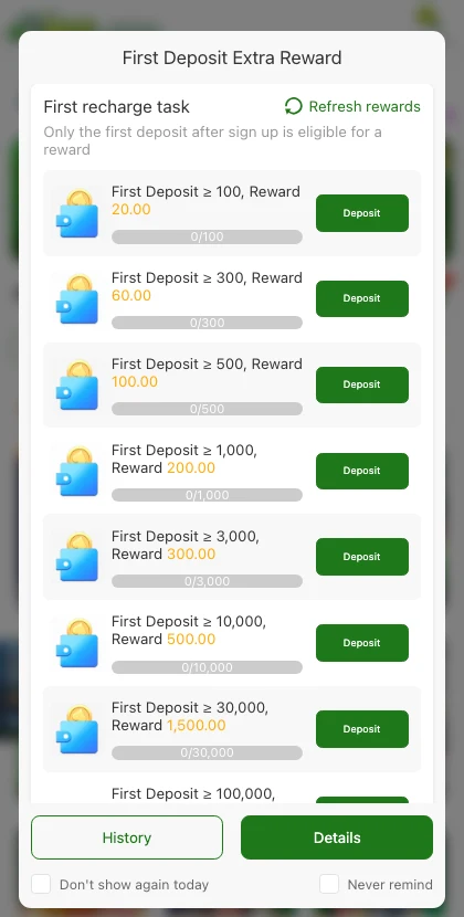 1ee First Deposit Extra Reward screen showing a tiered bonus table from Rs. 100 up to Rs. 100,000 deposits