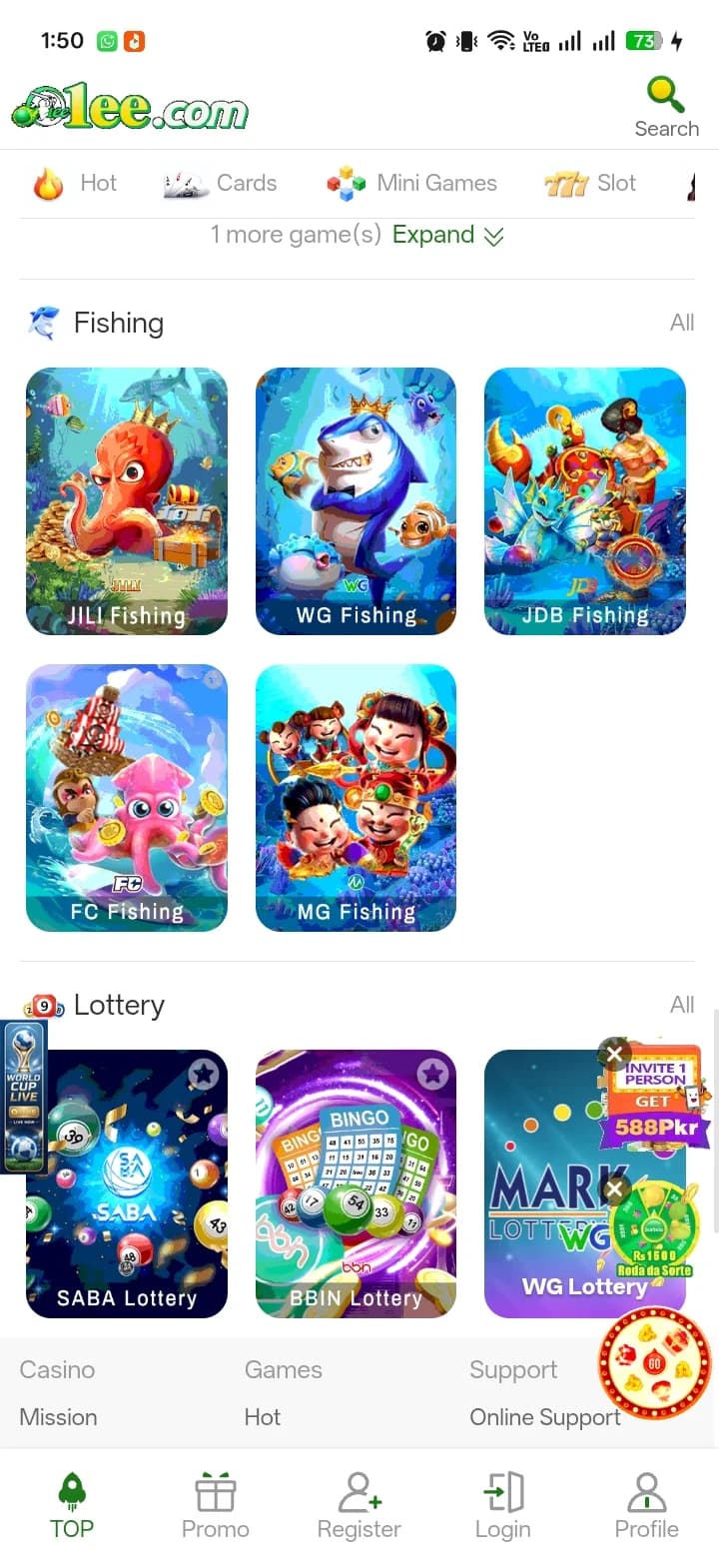 1ee Fishing and Lottery tabs showing JILI Fishing, WG Fishing, JDB Fishing, FC Fishing, MG Fishing, SABA Lottery, BBIN Lottery, and WG Lottery