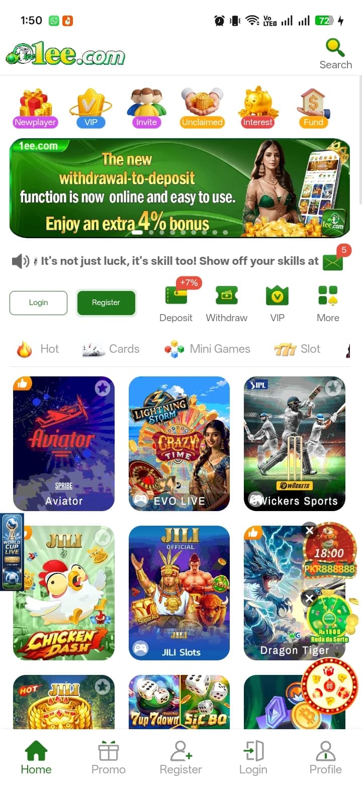 1ee Game home screen showing the Newplayer, VIP, Invite, Unclaimed, Interest, and Fund icons, the withdrawal-to-deposit promo banner, and Hot category games including Aviator, Evo Live, and 9Wickets Sports