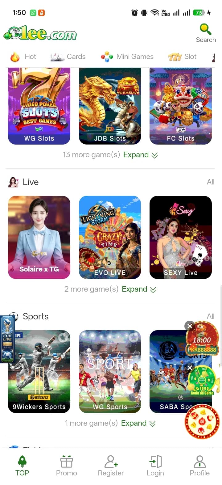 1ee Slot, Live, and Sports category tabs showing WG Slots, JDB Slots, FC Slots, Solaire x TG, Evo Live, Sexy Live, 9Wickets Sports, WG Sports, and SABA Sports