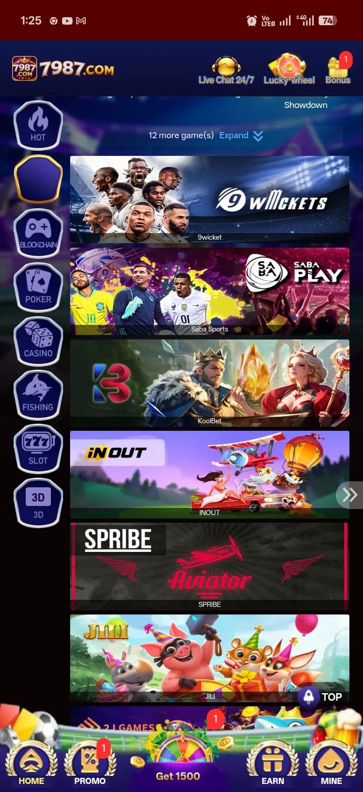 7987 Game lobby showing provider rooms for 9Wickets, Saba Sports, KoolBet, INOUT, Spribe and JILI beside the left category rail