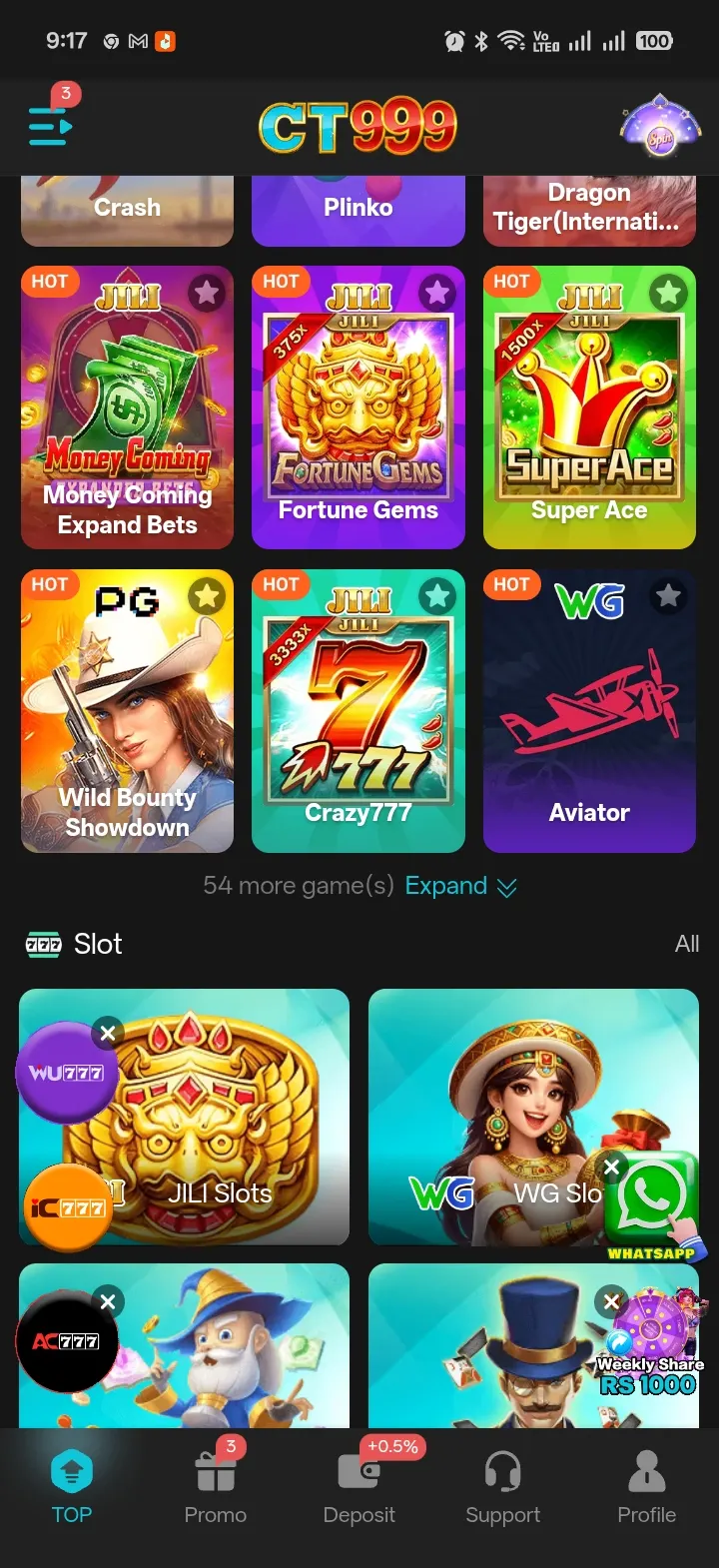 CT999 Hot section showing JILI Money Coming, Fortune Gems, Super Ace and Crazy777 slot tiles alongside Spribe Aviator