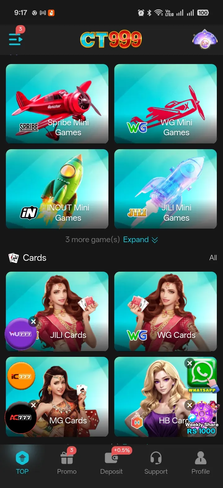 CT999 Mini Games and Cards sections showing Spribe, WG, INOUT and JILI mini games and JILI, WG, MG and HB card rooms