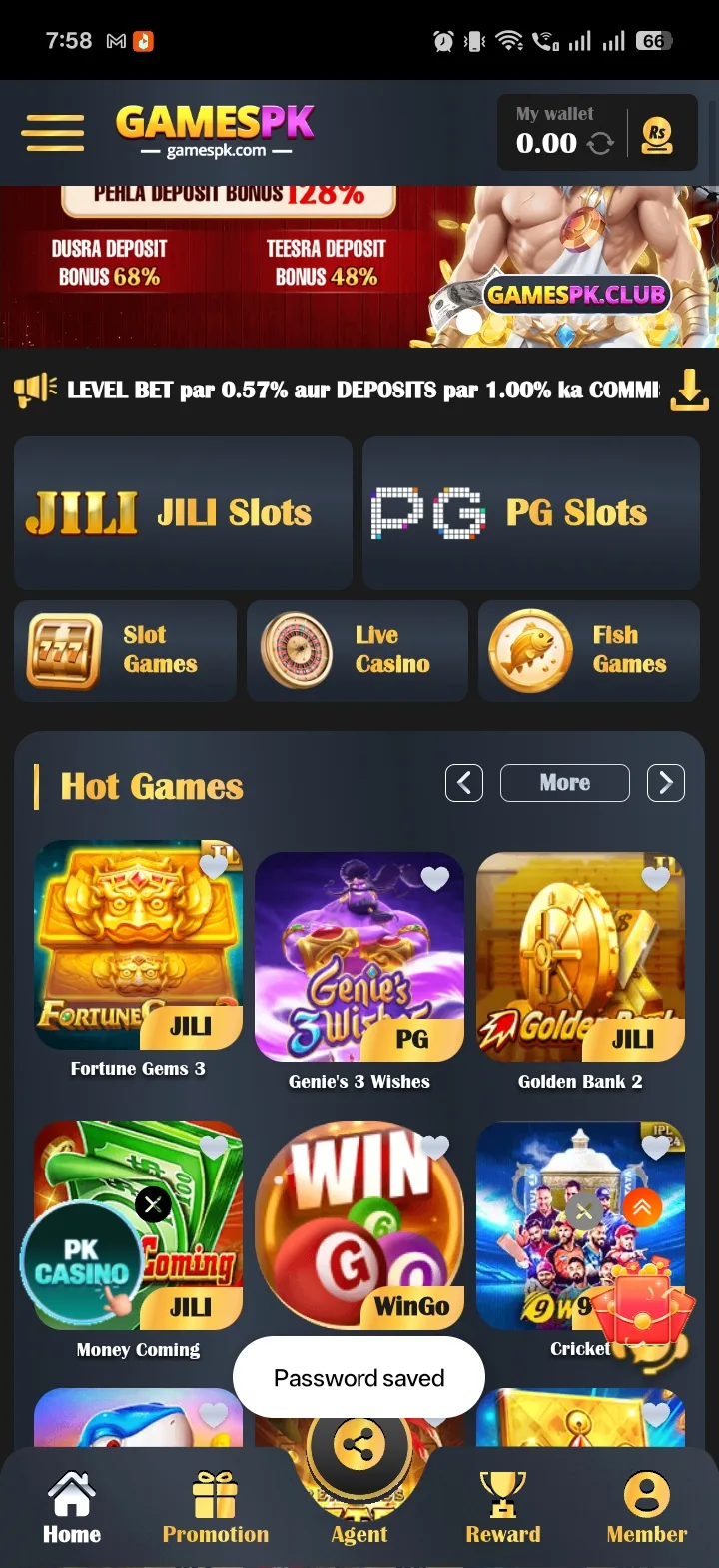 GamesPK deposit bonus banner reading Pehla Deposit Bonus 128 percent, Dusra 68 percent, Teesra 48 percent, above JILI, PG, Slot, Live Casino and Fish Games shortcuts