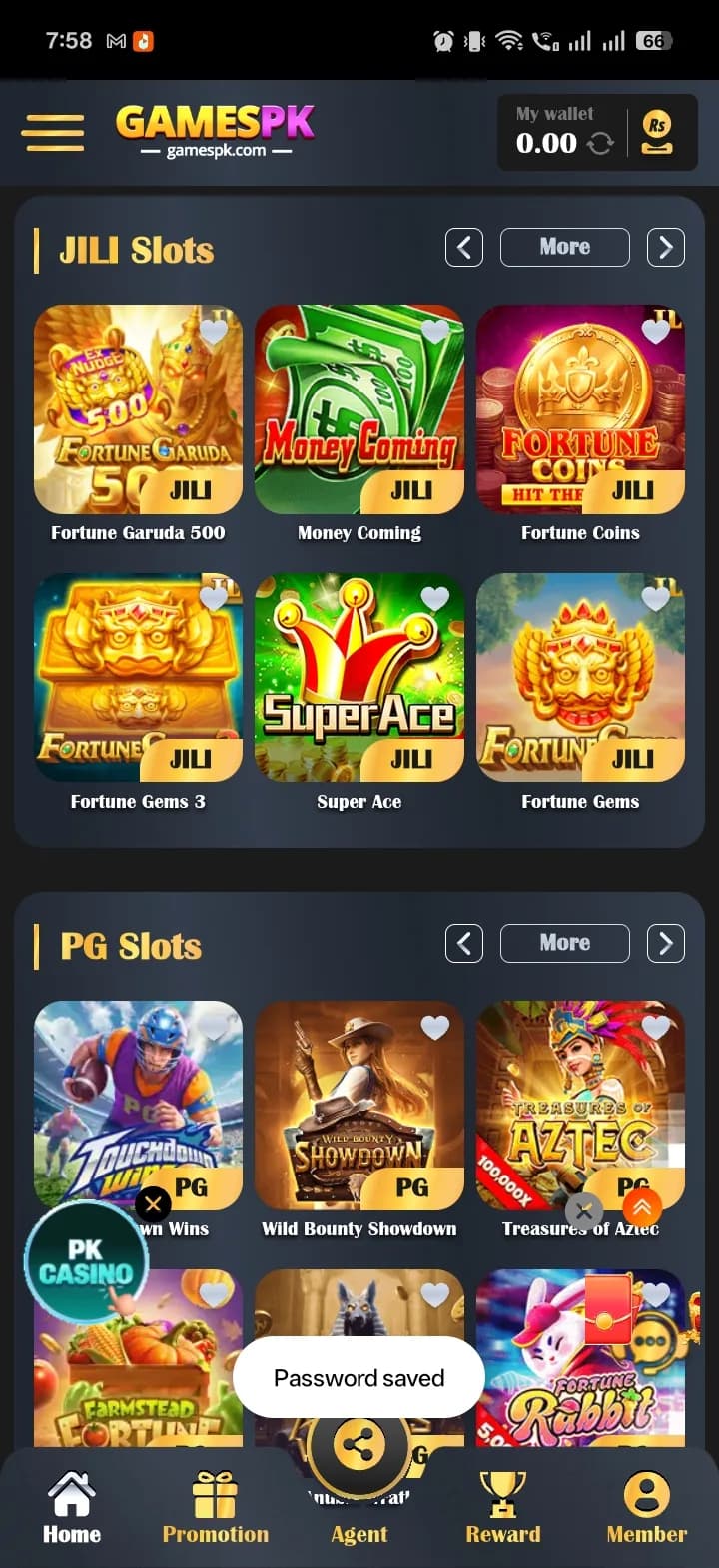 GamesPK JILI Slots section (Fortune Garuda 500, Money Coming, Fortune Coins, Super Ace) above the PG Slots section