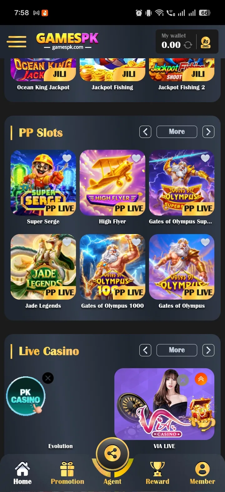 GamesPK PP Slots section and Live Casino section showing Evolution and VIA Live dealer options