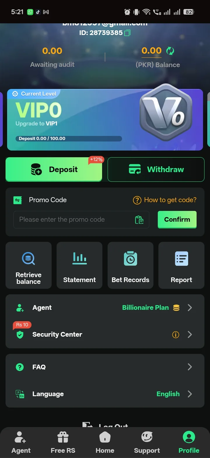 K1 Game account screen showing VIP0 level, PKR balance, Deposit/Withdraw buttons, and Agent Billionaire Plan link