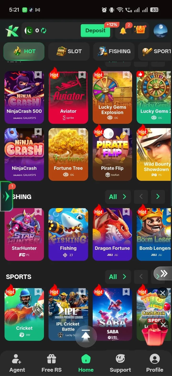 K1 Game Hot, Fishing, and Sports category rows showing NinjaCrash 500, Lucky Gems Explosion, Fortune Tree, StarHunter, Dragon Fortune, Cricket, and SABA