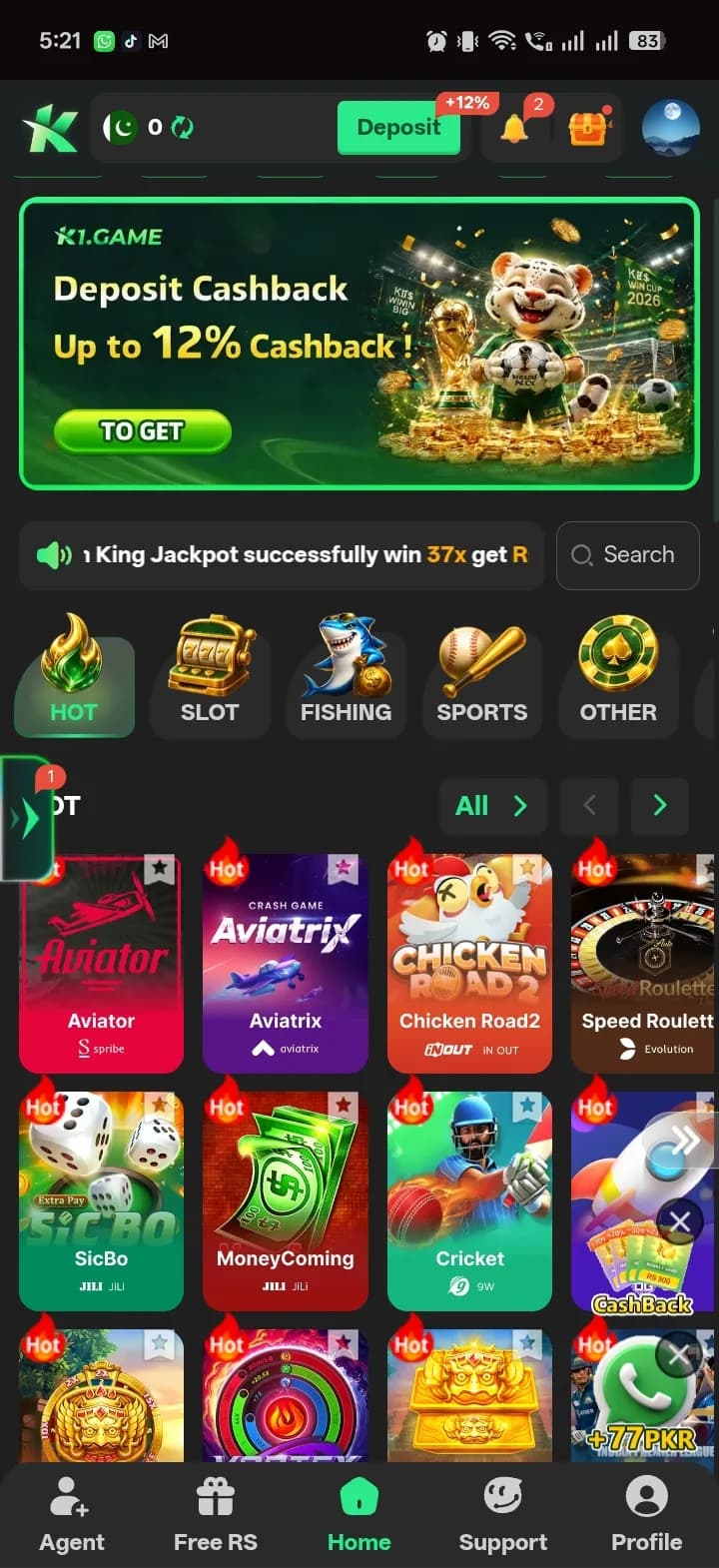 K1 Game home screen showing the Deposit Cashback up to 12% banner and Hot category tiles including Aviator, Aviatrix, Chicken Road2, and Speed Roulette