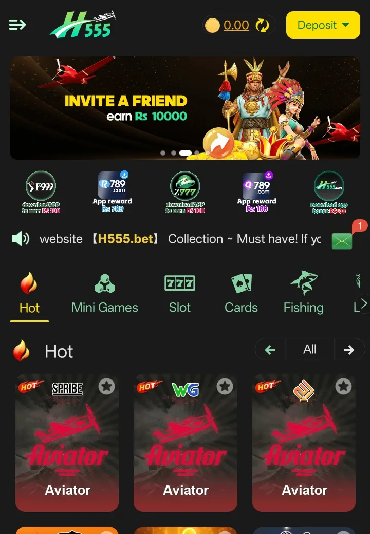 H555 Game homepage with the invite-a-friend bonus banner and Hot games row