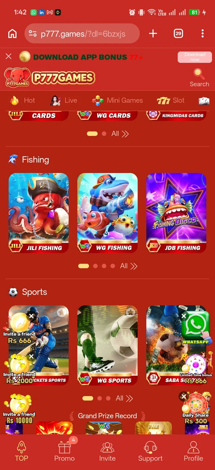 P777 Game Cards, Fishing, and Sports tabs showing JILI Fishing, WG Fishing, JDB Fishing, and cricket and football sports titles