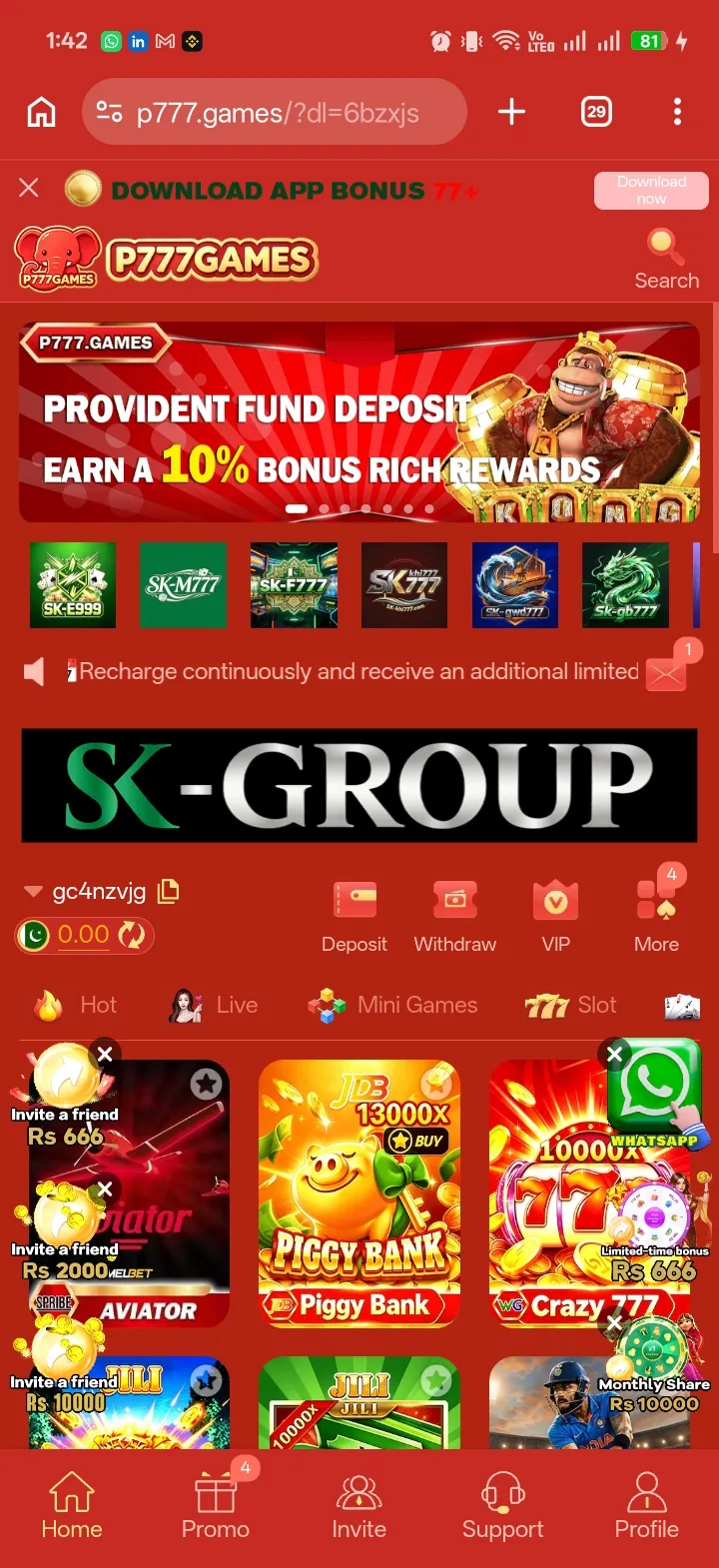 P777.games home screen showing the Provident Fund Deposit bonus banner, wallet balance, and Hot, Live, Mini Games, and Slot category tabs