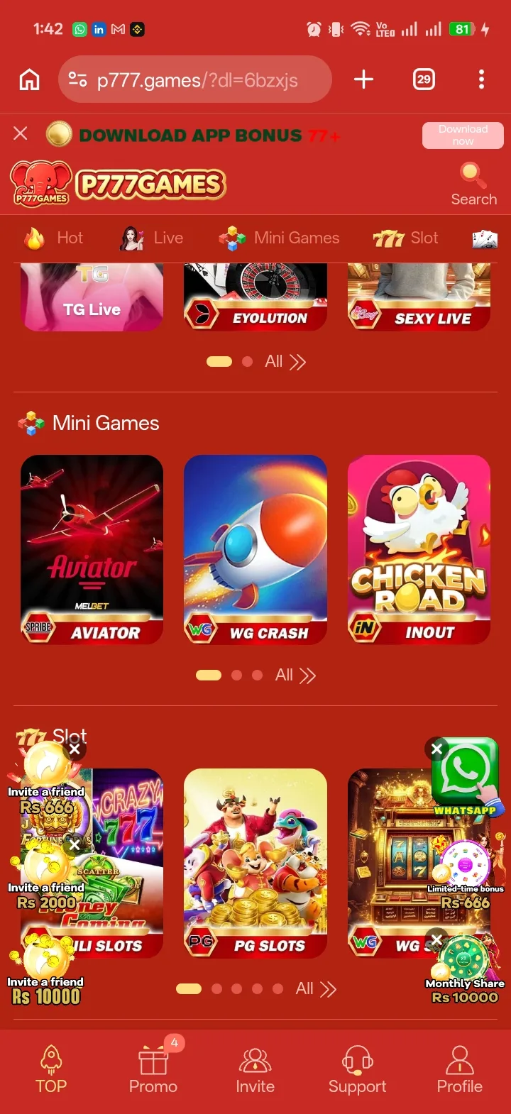 P777 Game Live, Mini Games, and Slot tabs showing Aviator, WG Crash, Chicken Road, and PG Slots titles