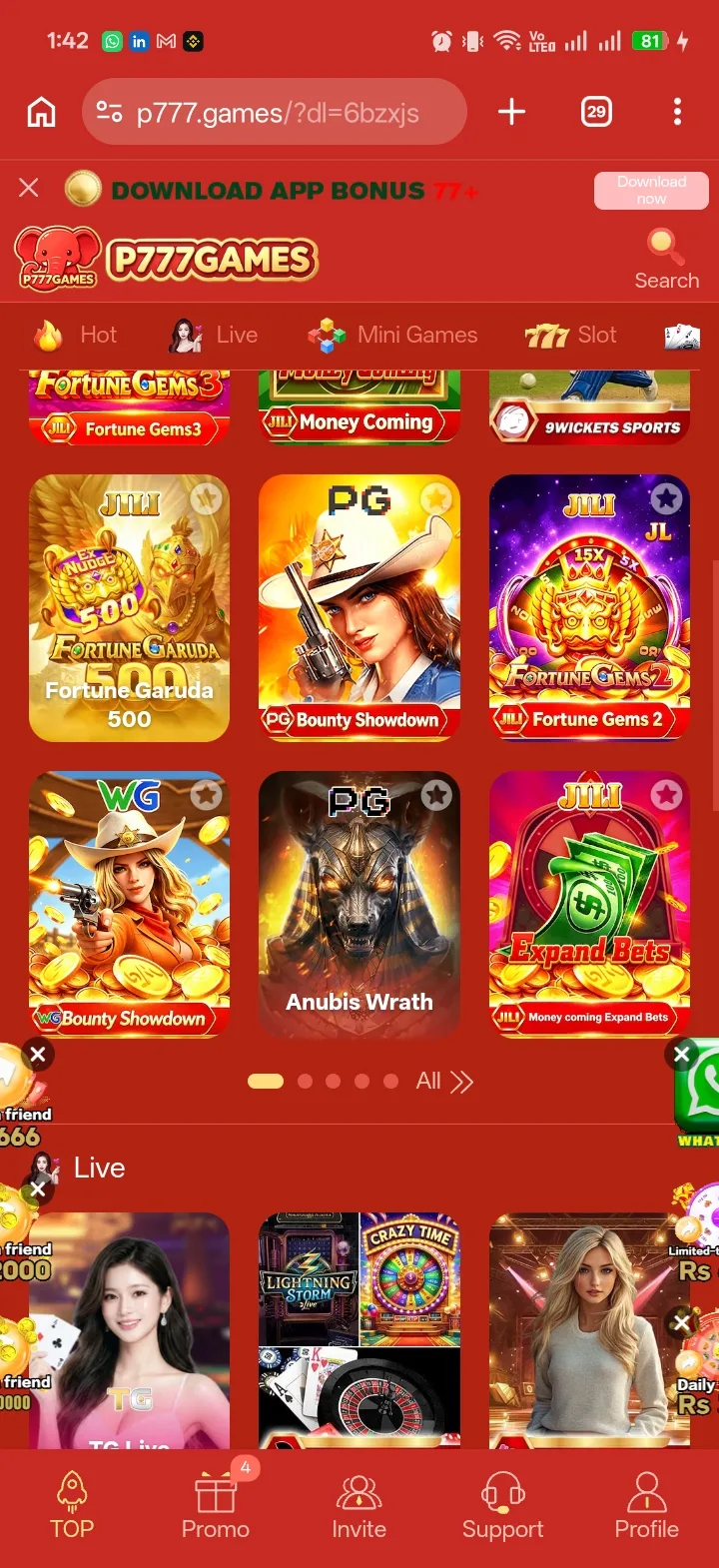 P777 Game slot titles including Fortune Gems, Bounty Showdown, and Anubis Wrath alongside live dealer tables
