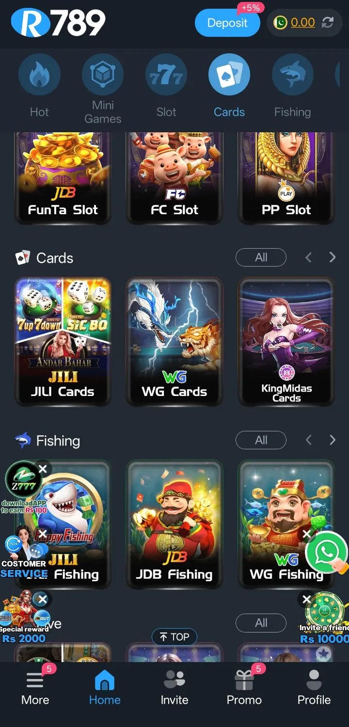R789 Game Cards and Fishing tiles including JILI Cards, WG Cards, and JILI Fishing