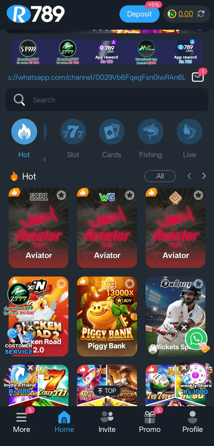 R789 Game home screen showing Hot, Slot, Cards, Fishing, and Live category tabs with Aviator games