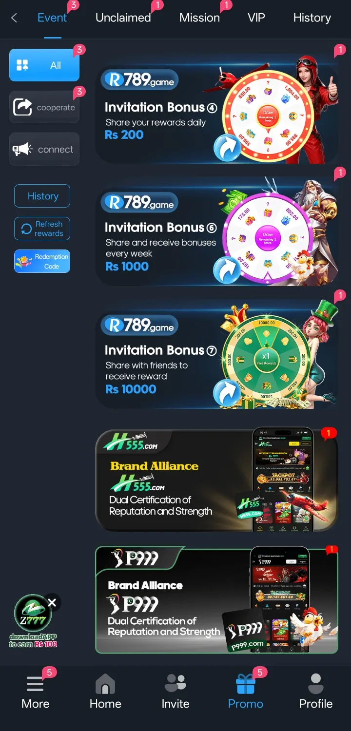 R789 Game promo page showing invitation bonus reward wheels