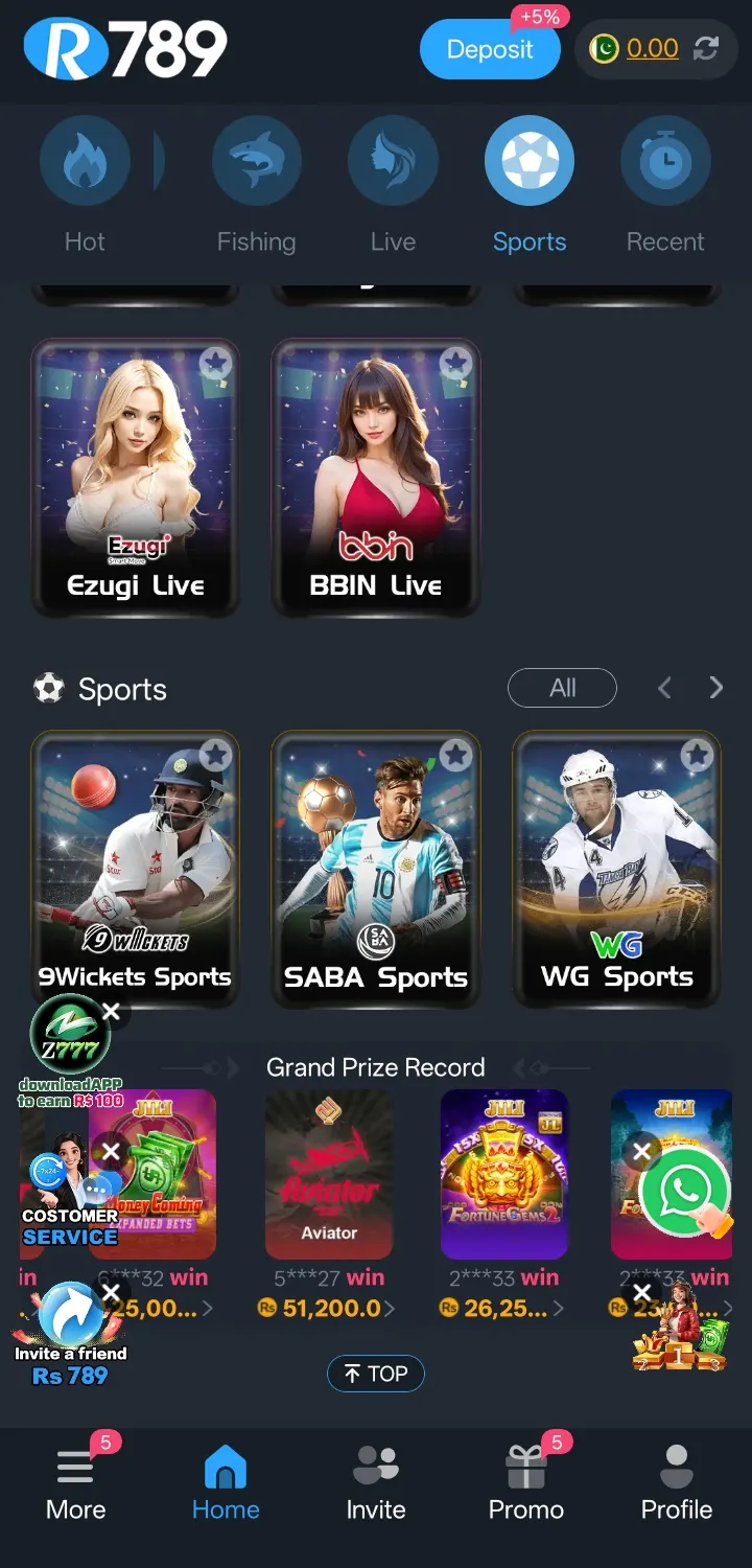 R789 Game Sports and Live tabs showing Ezugi Live, BBIN Live, and sports betting titles