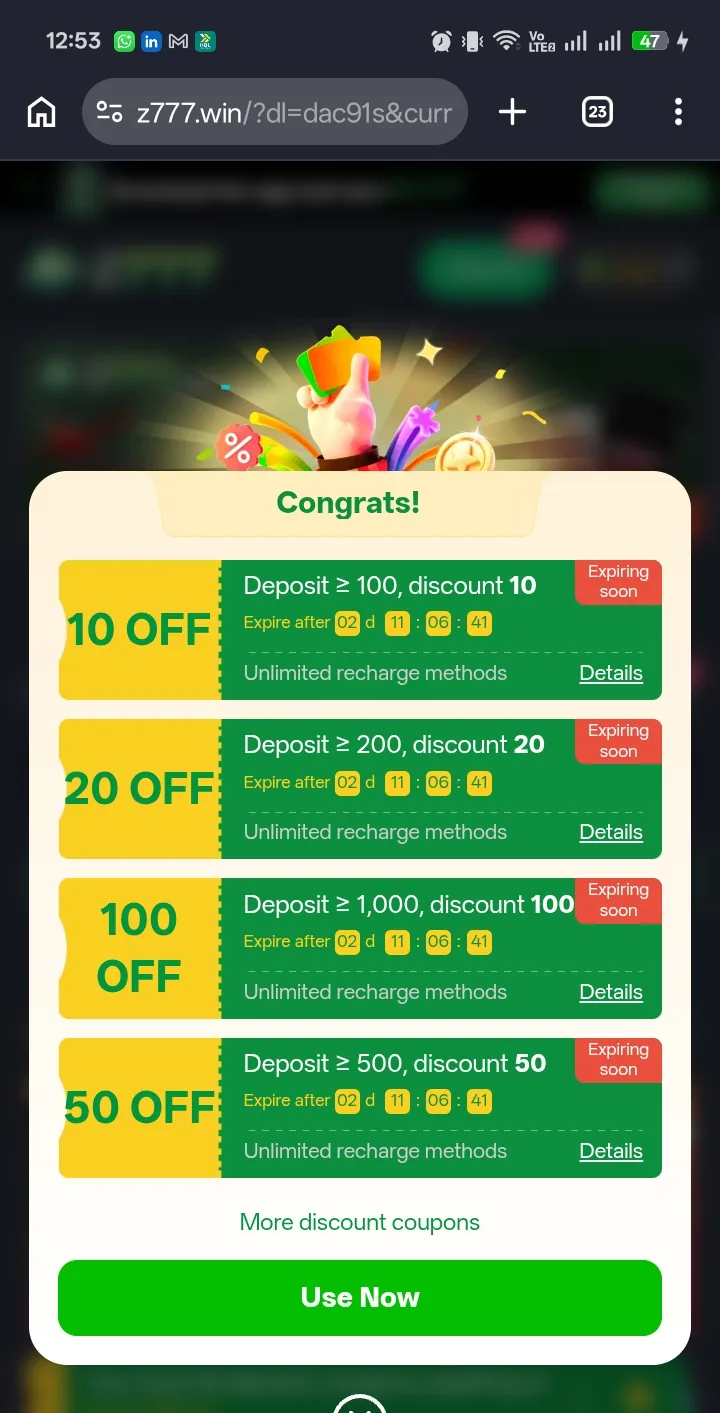 Z777 Game deposit discount coupons ranging from 10 to 100 rupees off